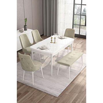 Canisa Taç Serisi Beyaz 80x132 cm Açılabilir 4 Sandalye Gümüş Halkalı 1 Bench Krem Mutfak Masa Takımı