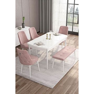Canisa Taç Serisi Beyaz 80x132 cm Açılabilir 4 Sandalye Gümüş Halkalı 1 Bench Pembe Mutfak Masa Takımı
