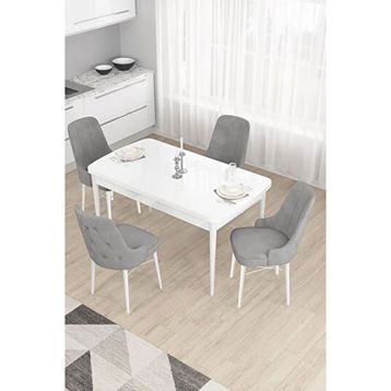 Canisa Taç Serisi Beyaz 80x132 cm Açılabilir 4 Sandalye Gümüş Halkalı Gri Mutfak Masa Takımı