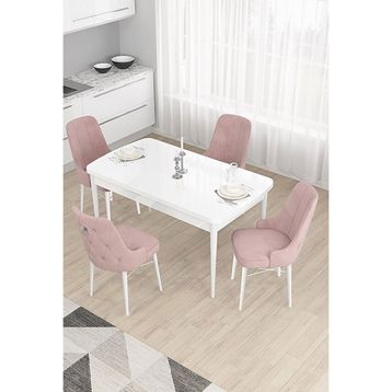 Canisa Taç Serisi Beyaz 80x132 cm Açılabilir 4 Sandalye Gümüş Halkalı Pembe Mutfak Masa Takımı