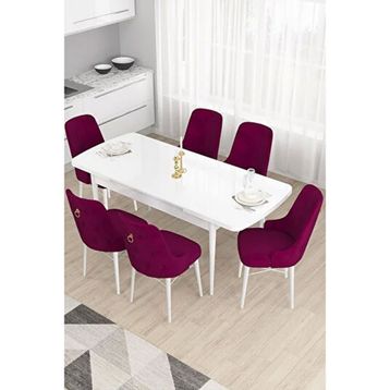 Canisa Taç Serisi Beyaz 80x132 cm Açılabilir 6 Sandalye Gold Halkalı Mürdüm Mutfak Masa Takımı