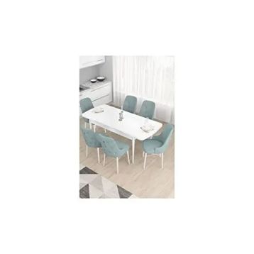 Canisa Taç Serisi, Beyaz 80x132 cm Açılabilir 6 Sandalye Gümüş Halkalı Su Yeşili Mutfak Masa Takımı