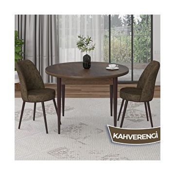 Canisa Tor Serisi Yuvarlak Barok Ahşap Desen Mutfak Masası Takımı ve 2 Kahverengi Sandalye