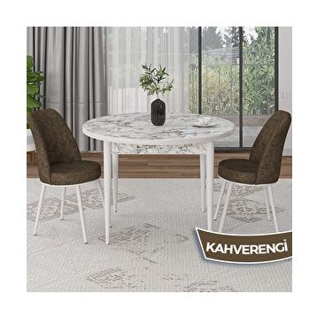 Canisa Tor Serisi Yuvarlak Beyaz Mermer Desen Mutfak Masası Takımı ve 2 Kahverengi Sandalye
