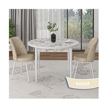 Canisa Tor Serisi Yuvarlak Beyaz Mermer Desen Mutfak Masası Takımı ve 2 Krem Sandalye