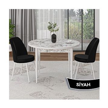 Canisa Tor Serisi Yuvarlak Beyaz Mermer Desen Mutfak Masası Takımı ve 2 Siyah Sandalye