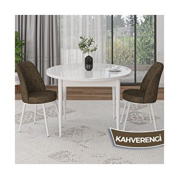 Canisa Tor Serisi Yuvarlak Beyaz Mutfak Masası Takımı ve 2 Kahverengi Sandalye