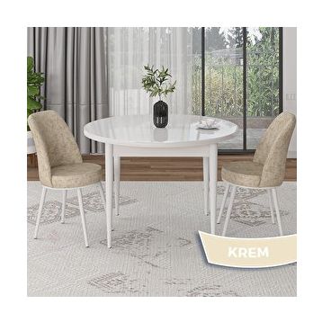 Canisa Tor Serisi Yuvarlak Beyaz Mutfak Masası Takımı ve 2 Krem Sandalye