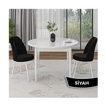Canisa Tor Serisi Yuvarlak Beyaz Mutfak Masası Takımı ve 2 Siyah Sandalye