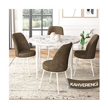 Canisa Tor Serisi Yuvarlak Mutfak Masa Takımı Beyaz Mermer Desen Masa ve 4 Kahverengi Sandalye