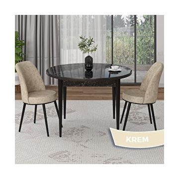 Canisa Tor Serisi Yuvarlak Mutfak Masa Takımı Siyah Mermer Desen Masa ve 2 Krem Sandalye
