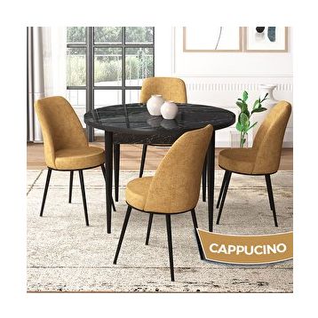 Canisa Tor Serisi Yuvarlak Mutfak Masa Takımı Siyah Mermer Desen Masa ve 4 Cappucino Sandalye