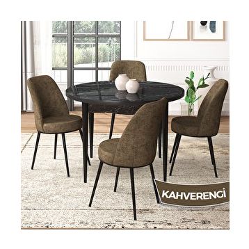 Canisa Tor Serisi Yuvarlak Mutfak Masa Takımı Siyah Mermer Desen Masa ve 4 Kahverengi Sandalye