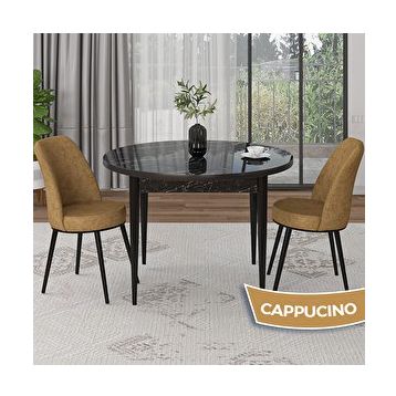 Canisa Tor Serisi Yuvarlak Siyah Mermer Desen Mutfak Masası Takımı ve 2 Cappucino Sandalye