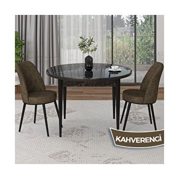Canisa Tor Serisi Yuvarlak Siyah Mermer Desen Mutfak Masası Takımı ve 2 Kahverengi Sandalye