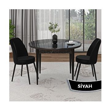 Canisa Tor Serisi Yuvarlak Siyah Mermer Desen Mutfak Masası Takımı ve 2 Siyah Sandalye