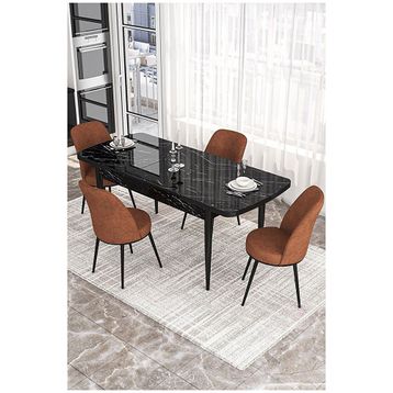 Canisa Via Serisi Siyah Mermer Desen Masa 80x132 cm Açılabilir 4 Sandalye Kiremit Mutfak Masa Takımı