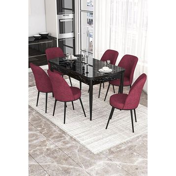 Canisa Via Serisi Siyah Mermer Desen Masa 80x132 cm Açılabilir 6 Sandalye Bordo Mutfak Masa Takımı