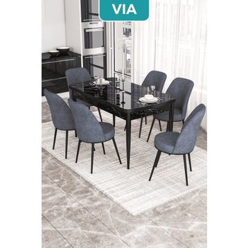 Canisa Via Serisi Siyah Mermer Desen Masa 80x132 cm Açılabilir 6 Sandalye Füme Mutfak Masa Takımı