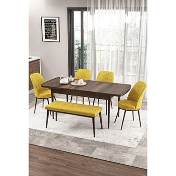 Canisa Zen Serisi Barok Ahşap Desen MDF 80x132 cm Açılabilir 4 Sandalye 1 Pera Bench Hardal Mutfak Masa Takımı