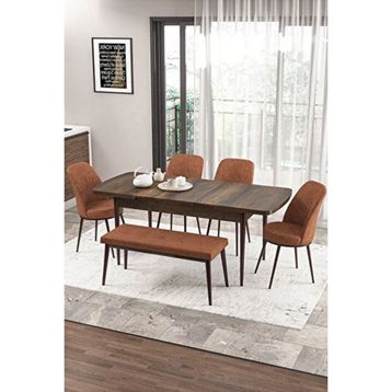 Canisa Zen Serisi Barok Ahşap Desen MDF 80x132 cm Açılabilir 4 Sandalye 1 Pera Bench Kiremit Mutfak Masa Takımı