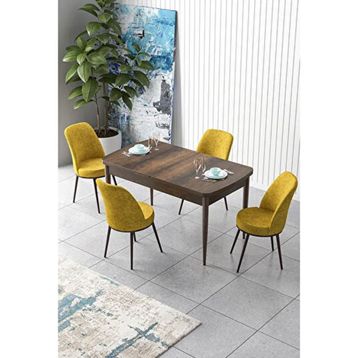 Canisa Zen Serisi Barok Ahşap Desen MDF 80x132 cm Açılabilir 4 Sandalye Hardal Mutfak Masa Takımı