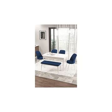 Canisa Zen Serisi Beyaz Masa MDF 80x132 cm Açılabilir 4 Sandalye 1 Pera Bench Lacivert Mutfak Masa Takımı