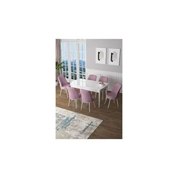 Canisa Zen Serisi Beyaz Masa MDF 80x132 cm Açılabilir 6 Sandalye Pembe Mutfak Masa Takımı