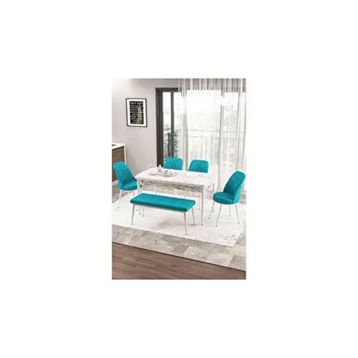 Canisa Zen Serisi Beyaz Mermer Desen MDF 80x132 cm Açılabilir 4 Sandalye 1 Pera Bench Turkuaz Mutfak Masa Takımı
