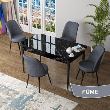 Canisa Zen Serisi Siyah Mermer Desen MDF 80x132 Açılabilir Mutfak Masası Takımı Füme 4 Sandalye