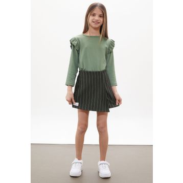 Cansın Mini 18269 Haki Çizgili Şort Etekli Volanlı Badili Kız Çocuk Takım