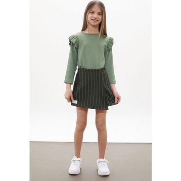 Cansın Mini 18269 Haki Çizgili Şort Etekli Volanlı Badili Kız Çocuk Takım
