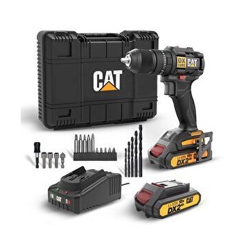 Cat DX1010.1 18Volt 2.0Ah Li-İon Çift Akülü Kömürsüz Profesyonel Şarjlı Darbeli Matkap + 20 Parça Delme Vidalama Uç Seti