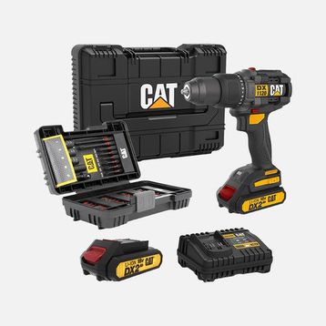 Cat DX1120 18Volt/2.0Ah Li-İon Çift Akülü Kömürsüz Profesyonel Şarjlı Darbeli Matkap + DA01902 45 Parça Vidalama Uç Seti