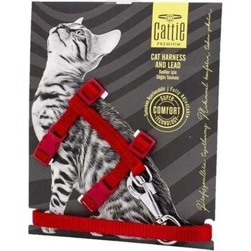 Cattie EKT Kırmızı 1x25-40 cm Desenli Dokuma Kedi Göğüs ve Gezdirme Tasması Takımı