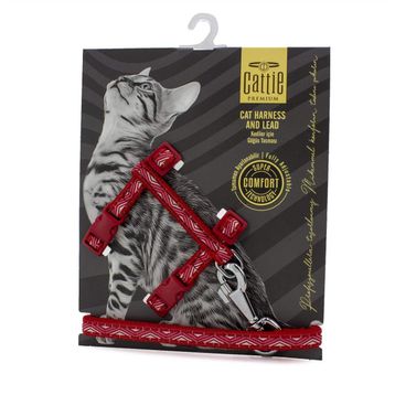 Cattie EKT Kırmızı 1x25-40 cm Desenli Dokuma Kedi Göğüs ve Gezdirme Tasması Takımı