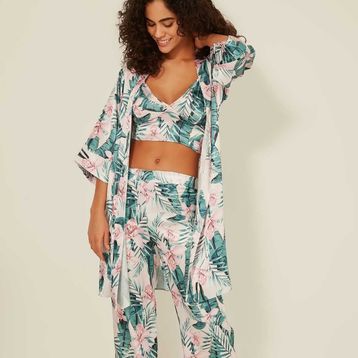 C&City 045 3Lü Kadın Desenli Saten Ekru/Yeşil Pijama Takım