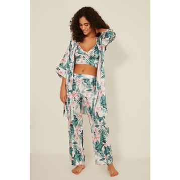 C&City 045 3Lü Kadın Desenli Saten Ekru/Yeşil Pijama Takım