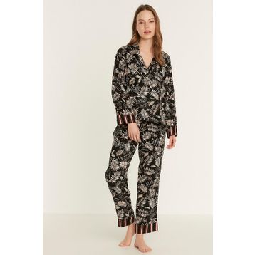 C&City 9082 Ekru Desenli Viskon Uzun Kol Gömlekli Pijama Takım