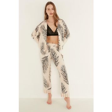 C&City 9082 Ekru Desenli Viskon Uzun Kol Gömlekli Pijama Takım