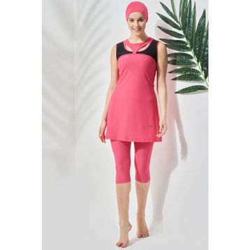 C&City C13100 Mercan Sıfır Kol Taytlı Yarım Kapalı Tesettür Mayo