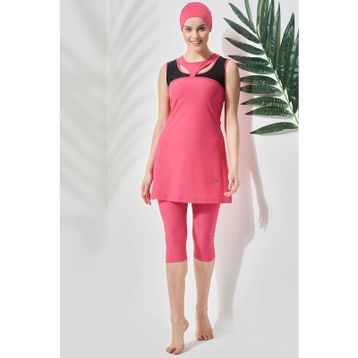 C&City C13100 Mercan Sıfır Kol Taytlı Yarım Kapalı Tesettür Mayo