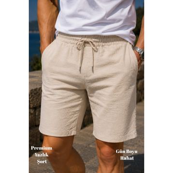 Cedy Denim C348 - Açık Gri Sentetik Keten Yüksek Bel Lastikli, Bol Kesim Erkek Şort