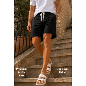 Cedy Denim C348 - Açık Gri Sentetik Keten Yüksek Bel Lastikli, Bol Kesim Erkek Şort