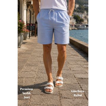 Cedy Denim C348 - Açık Gri Sentetik Keten Yüksek Bel Lastikli, Bol Kesim Erkek Şort