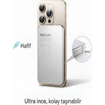 Çelikwork Quo Pro Aır 5.000 mAh Ultra Ince Kablosuz 15W Hızlı Şarj LED Tepe-C Girişli Wireless Gri Powerbank