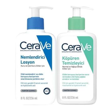 CeraVe Yağlı ve Karma Ciltler İçin 236 ml Köpüren Temizleyici + 236 ml Nemlendirici Losyon