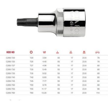 Ceta Form C28S-T30 1-2 inç Kısa Tip T30 x 55 mm Torx Uçlu Lokma