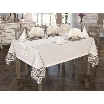 Çeyiz Diyarı Crown Linen Fransız Güpürlü 26 Parça Krem Masa Örtüsü Takımı