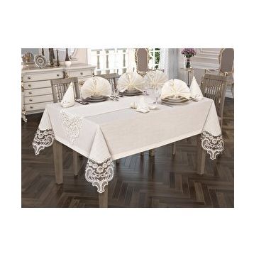 Çeyiz Diyarı Crown Linen Fransız Güpürlü 26 Parça Krem Masa Örtüsü Takımı